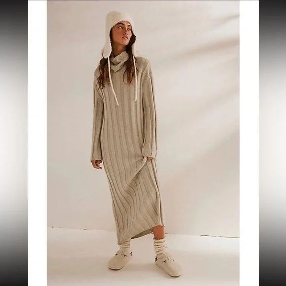 FP Beach Free People Beach Wanda Ribbed Sweater Dress Large Agate Gray VGUC - Picture 2 of 7